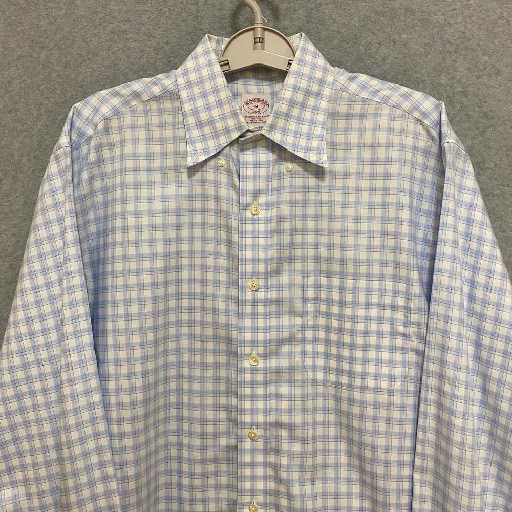 BROOKS BROTHERS 346 Men's Medium White Blue Plaid 100% Cotton Button Down Shirt - Picture 3 of 6